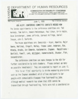 ["Newsletter announcing members of the conference committee of the Americans with Disabilities Act and advocating for the rejection of the Chapman Amendment to the ADA."]