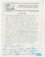 ["Letter to Senator Dole from Don Bowman discussing Bowman's experience as a person with paraplegia and his negative views on the Americans with Disabilities Act. The letter is hand written on a newsletter from the Kansas Department of Human Resources urging Congress to accept the Conference Committee Report on the ADA."]
