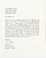 ["Letters from Kevin Siek to Senator Dole and Senator Kassebaum. Siek thanks Dole for his support for the Americans with Disabilities Act and asks Kassebaum to limit debates and reject \"weakening\" amendments to the Americans with Disabilities Act."]