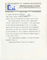 ["Memorandum from the Kansas Commission on Disability Concerns containing updates on the passage of the Americans with Disabilities Act and its Conference Committee Report. Attached is a memorandum on \"killer amendments\" for the ADA."]