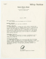 ["Whip notice containing the Senate schedule for July 9-11, 1990, which includes  S. 2104, a bill to amend the Civil Rights Act of 1964, and possibly consideration for the Conference report on the Americans with Disabilities Act."]