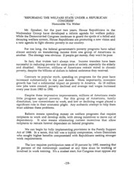 ["Part of a larger document, titled \"The Republican Congress: A Manifesto for Change in the House of Representatives\", that outlined the Republican Party's plans should they achieve a majority, this 1992 paper details the party's stance on welfare programs."]